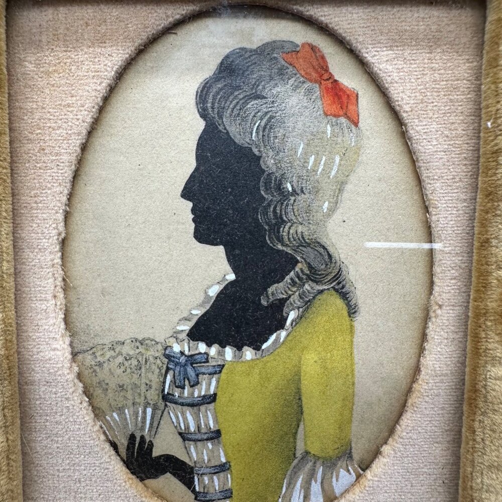 Antique English Regency Silhouette Print Yellow Velvet Frame Wall Hanging Mini - Picture 4 of 10